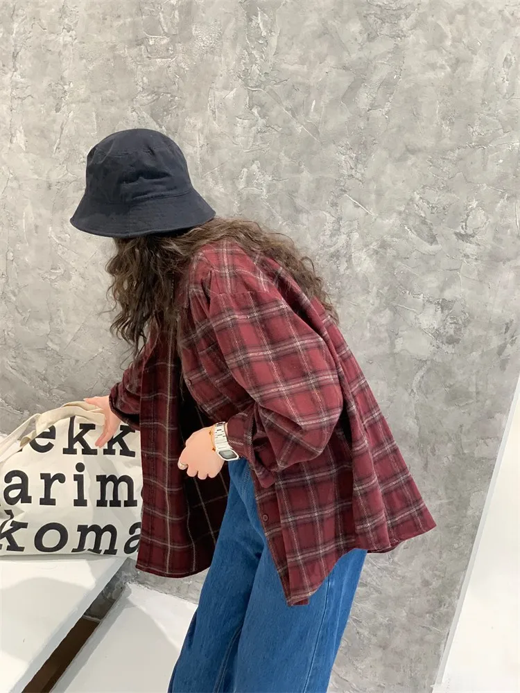 

Женская клетчатая рубашка Feita свободного кроя с длинными рукавами, хлопковая, повседневная, с пуговицами, эффект стройности, красная, верхняя одежда