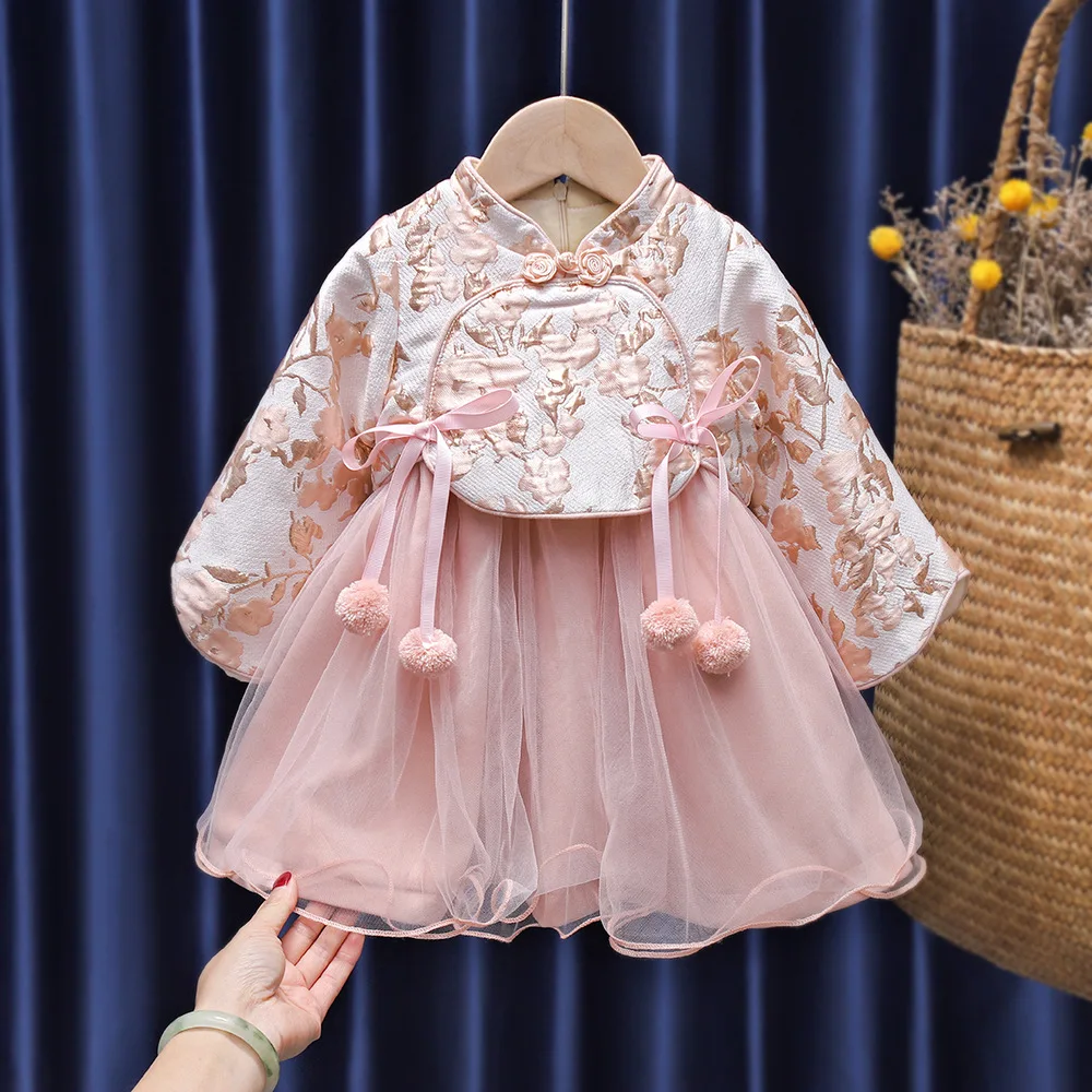 New Year Chinese Style Tang-suit Children Clothes Kids Thick Pink Red Dress Baby Girls Outfits