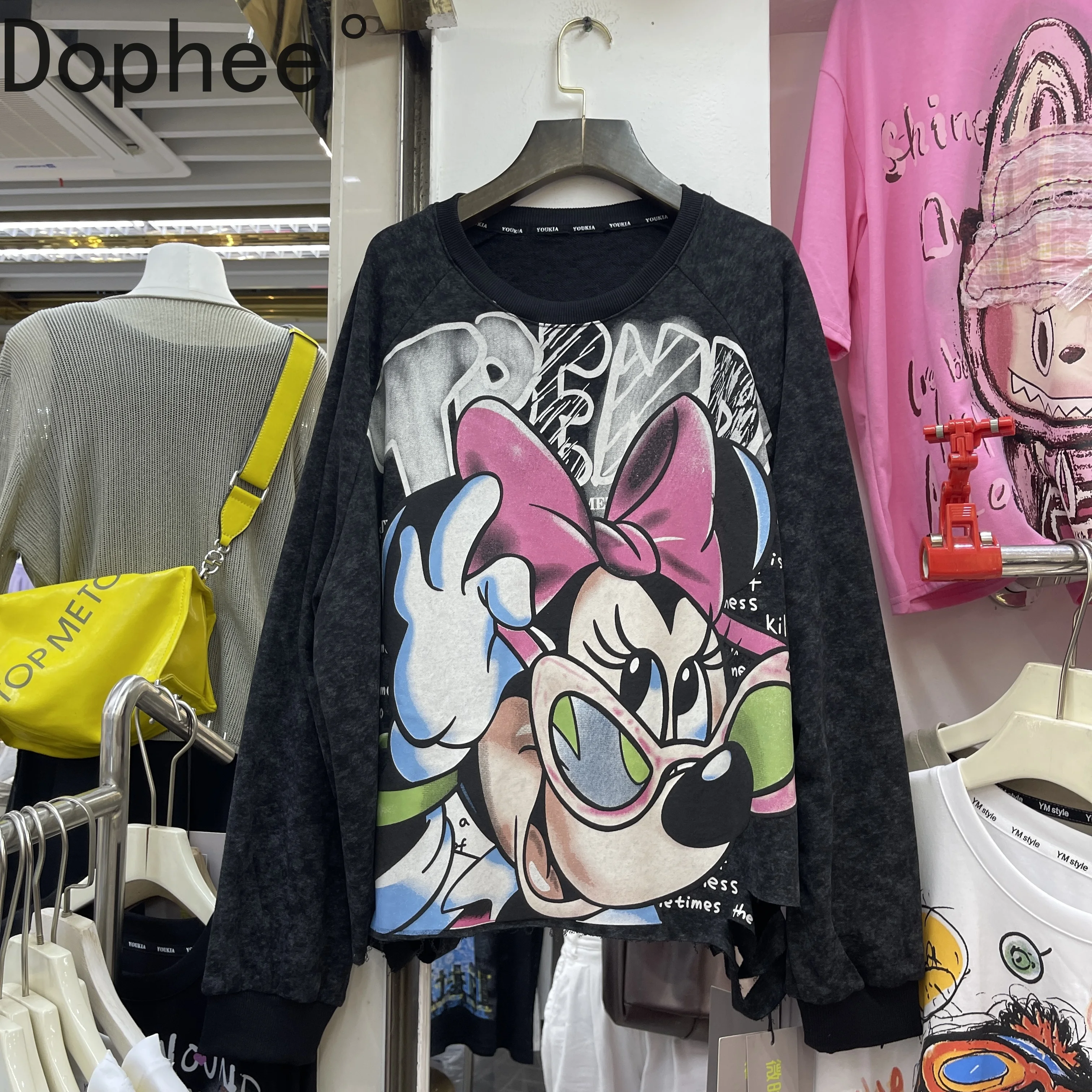 

Fashion Autumn Winter Washed Female Sweatshirt Cartoon Printed O-neck Long Sleeve Pullover Top All-match Loose Women Hoodies