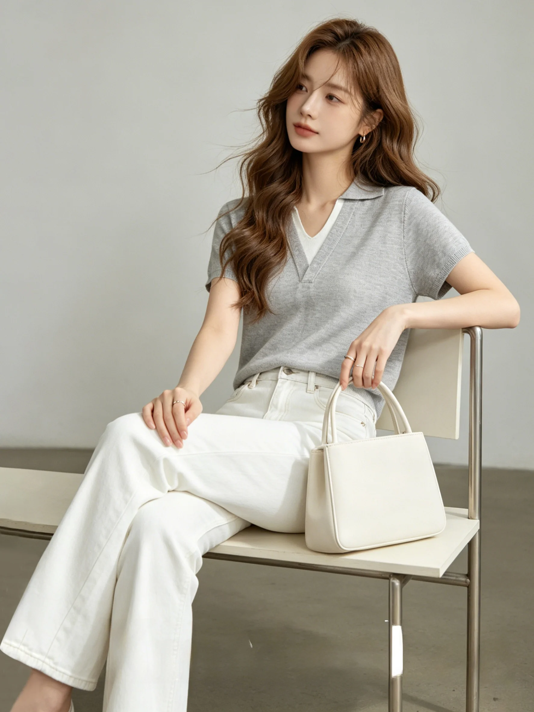 

Casual Korean Style Short Sleeve T-Shirt Women's Summer V-Neck Turn-down Collar Knitted Top Simplicity Design Breathable Skin...
