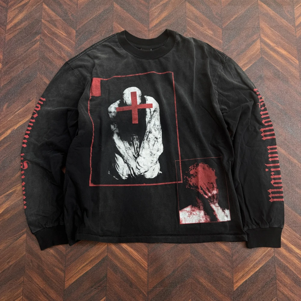 26SS SMX6 Old Carbon Ash Vintage Long Sleeves Tee Manson Joint Name Casual Oversize Tops T Shirt