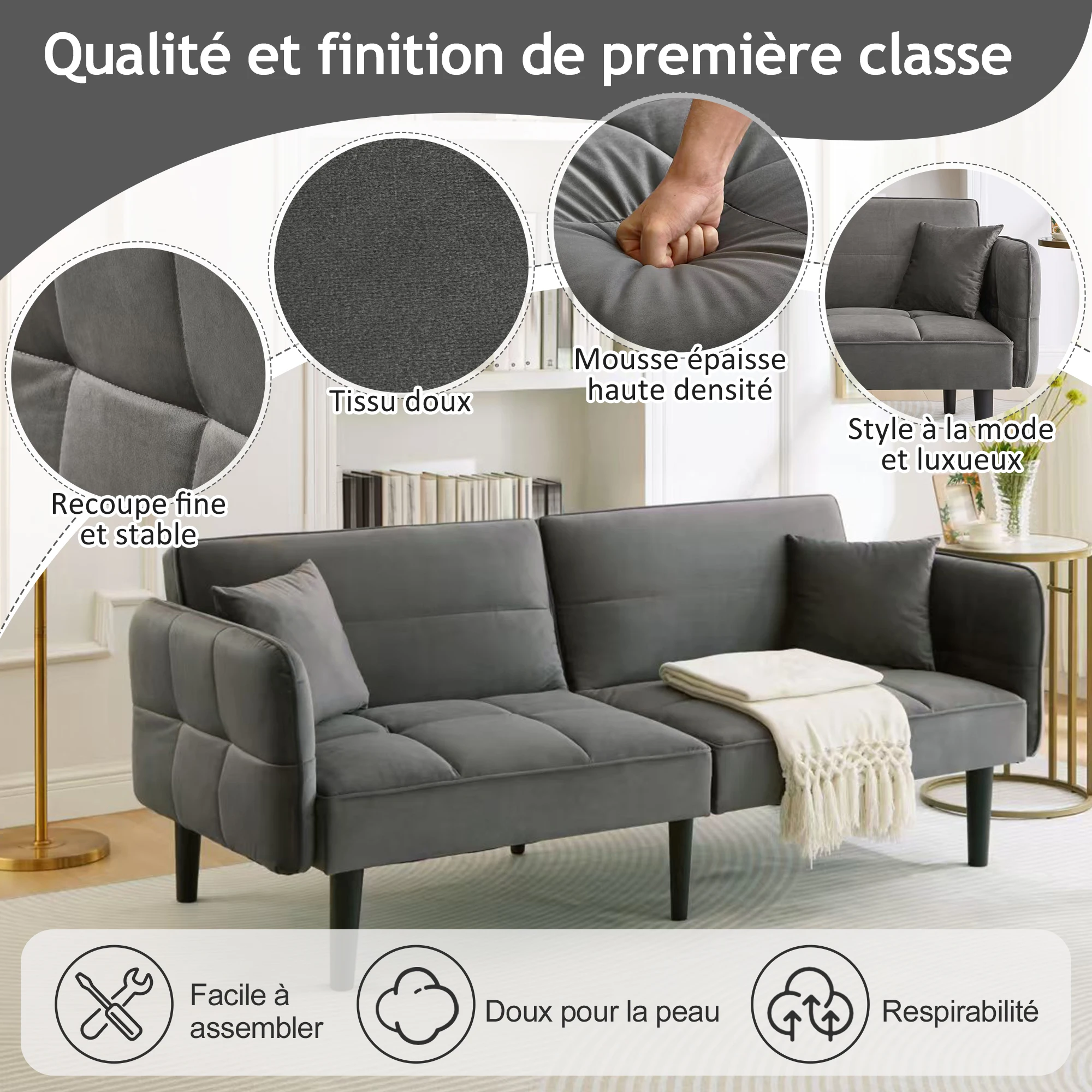 Sofá cama litera dos en uno: dos plazas cubiertas de terciopelo, reposabrazos plegables y función para dormir, apto para habitaciones pequeñas