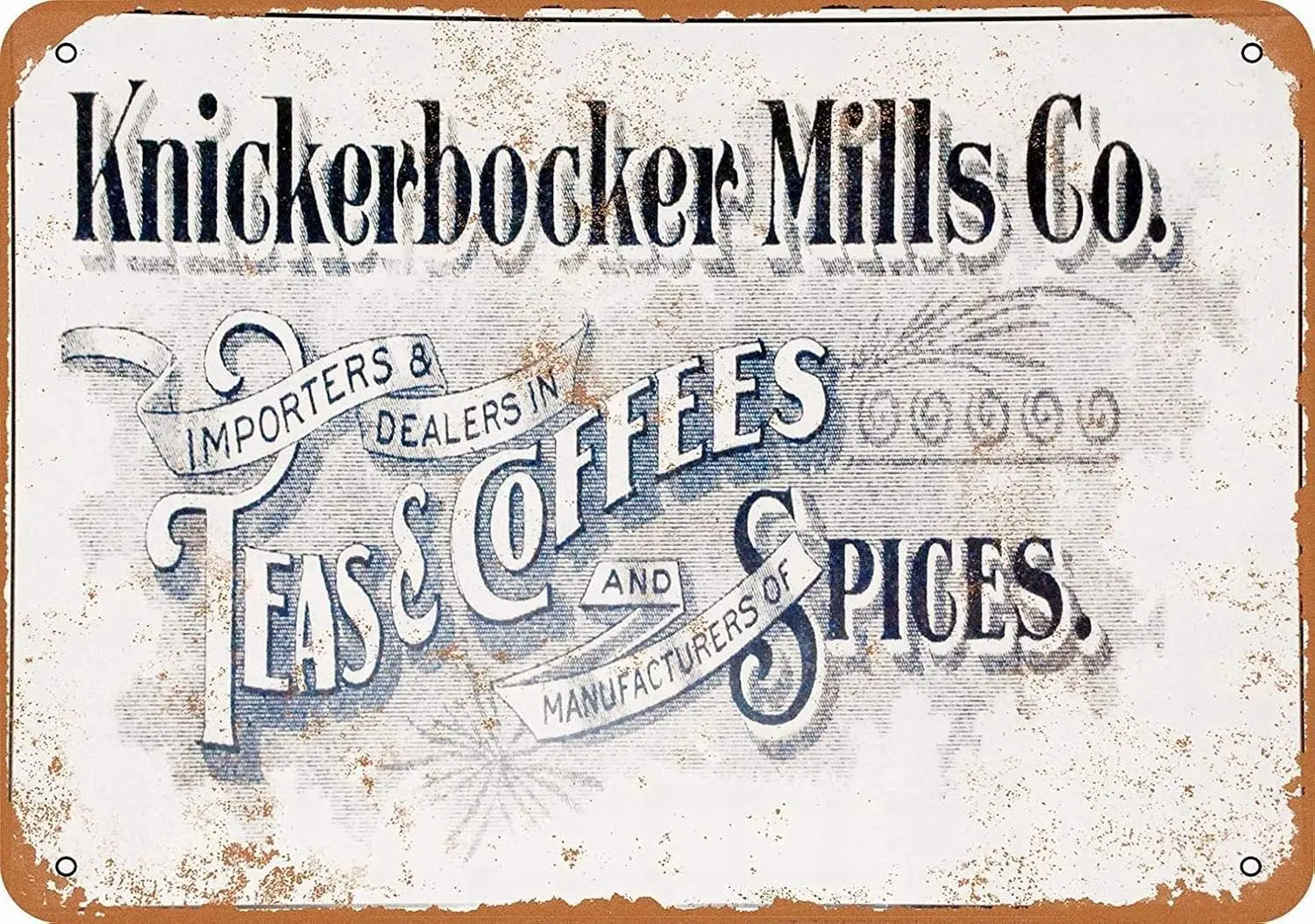 Metallschild – Knickerbocker Mills Tees, Kaffees, Gewürze, Vintage-Wanddekoration, Kunst aus Aluminium
