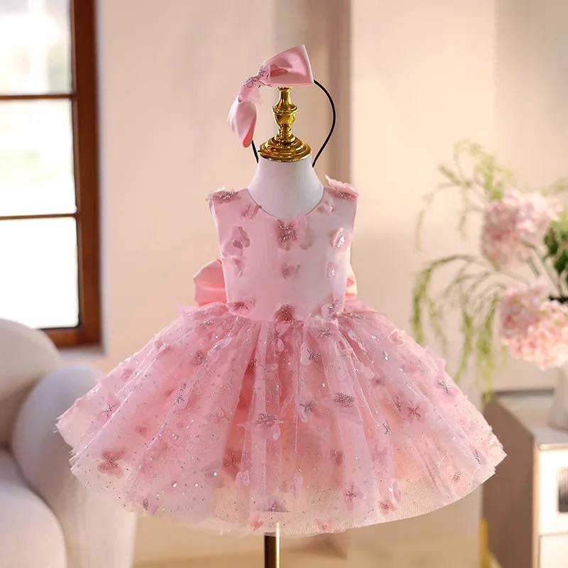 

1-12 years pink wedding dresses for girls party princess dress flower piano performance ball gown