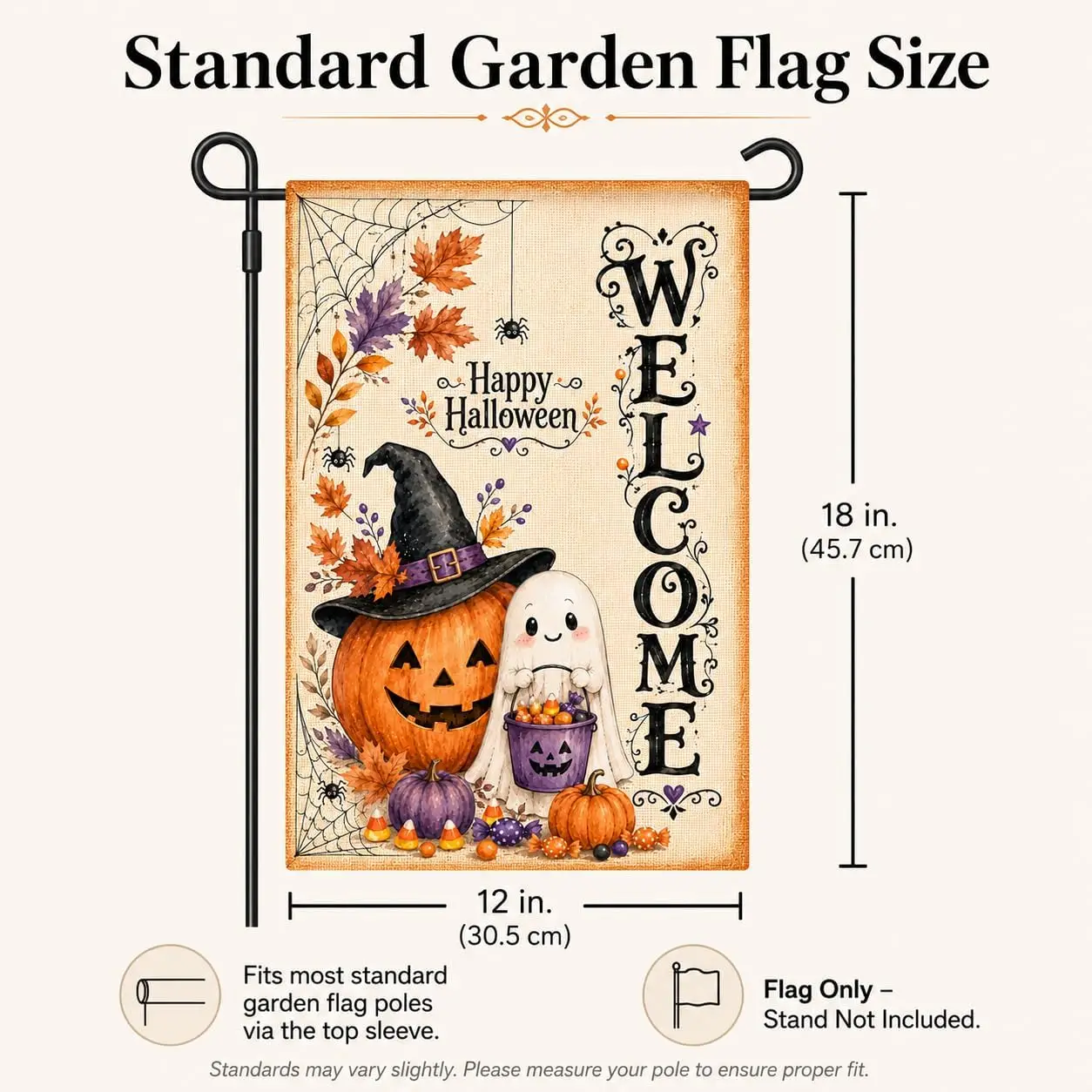 Halloween Garden Flag 12x18 Inch Double Sided, Welcome Halloween Yard Flag with Pumpkin Ghost Witch Hat, Triple-Layer Blacko yyi