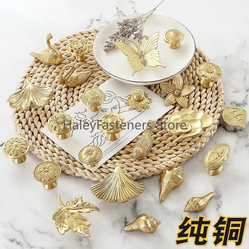 Apple Leaf Pure Copper Handle Butterfly Golden Conch Creative Nordic Wind Cabinet Door Full Copper Door Handle