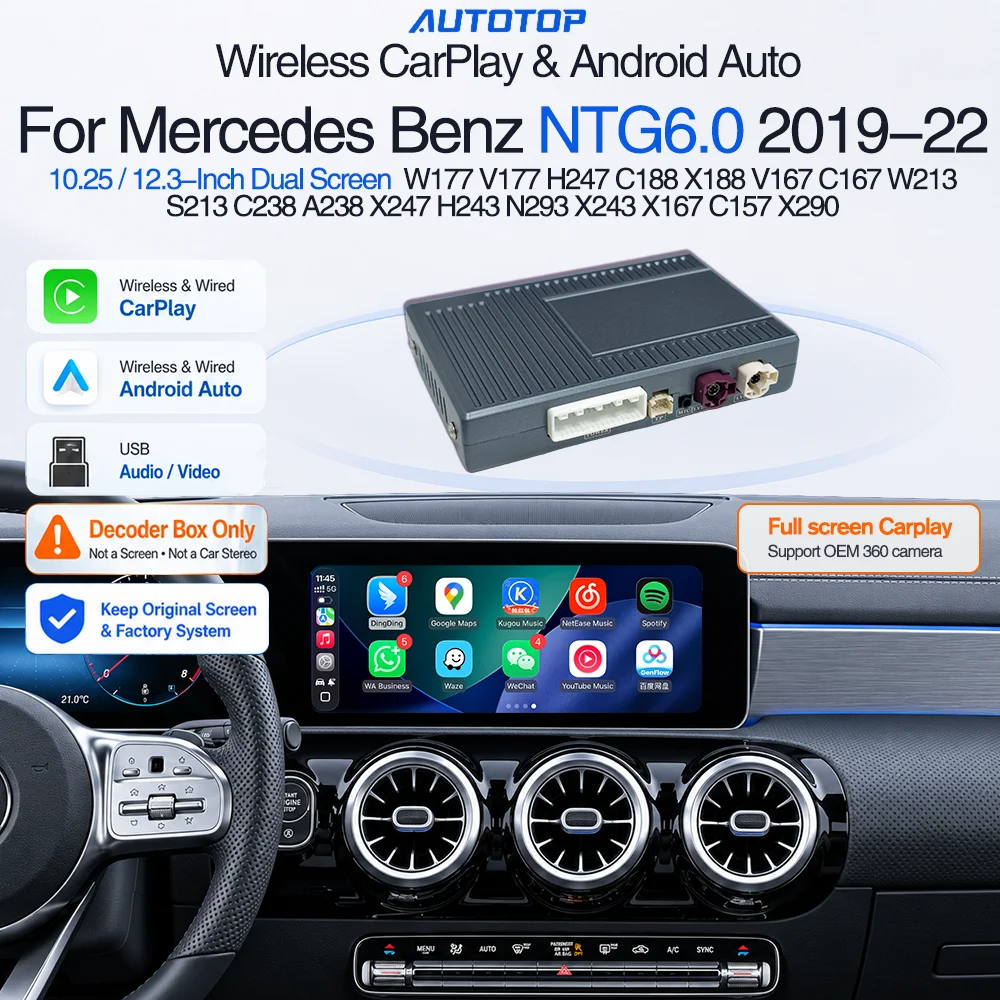 AUTOTOP Decoder Interfaccia Wireless CarPlay Android Auto con Display Completo per Mercedes-Benz NTG6.0 10.25 / 12.3 pollici A B C E CLA GLA GLB GLC GLE GLS W177 V177 W213 S213 C118 X118 H247 X247