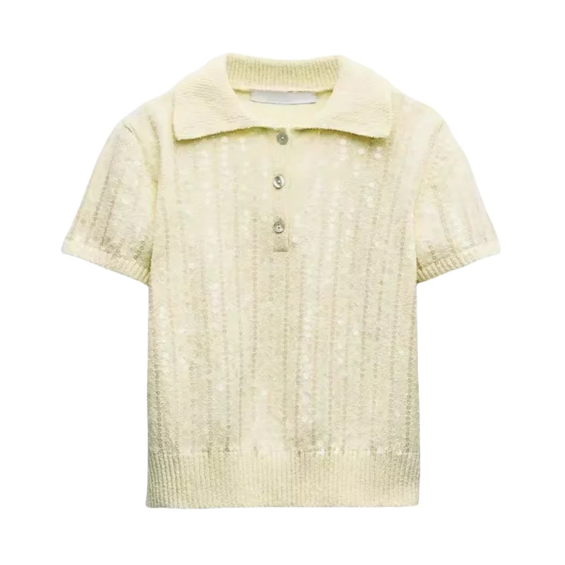 

Summer New Women's Knitted ort Sve irt Soft Sle Bead Decoration Loose Fit ort Top European Simple Sle Pure ...