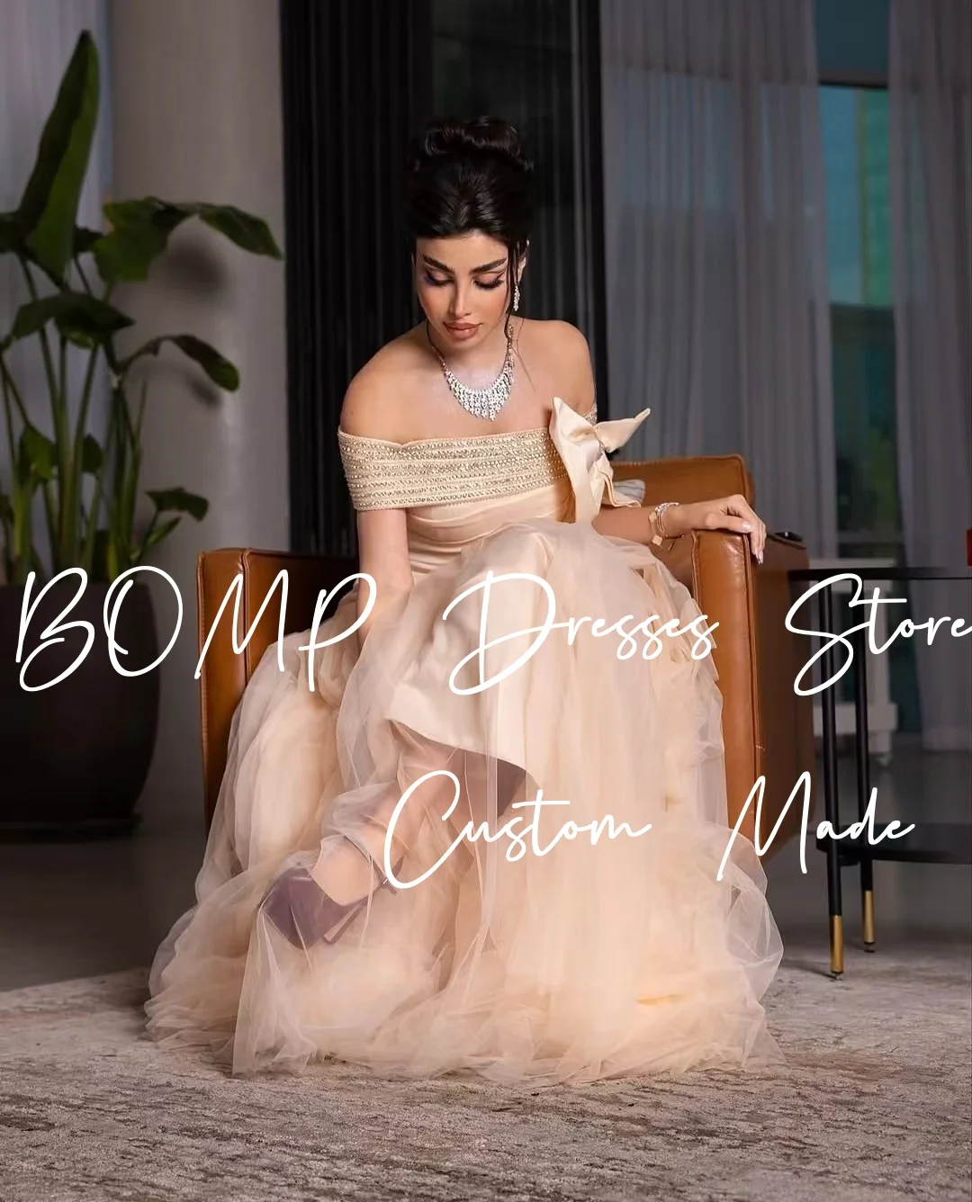 

BOMP Elegant Champagne Evening Dress Off Shoulder Bow Beading A-Line Floor Length Tulle Wedding Party Birthday Gown Customized
