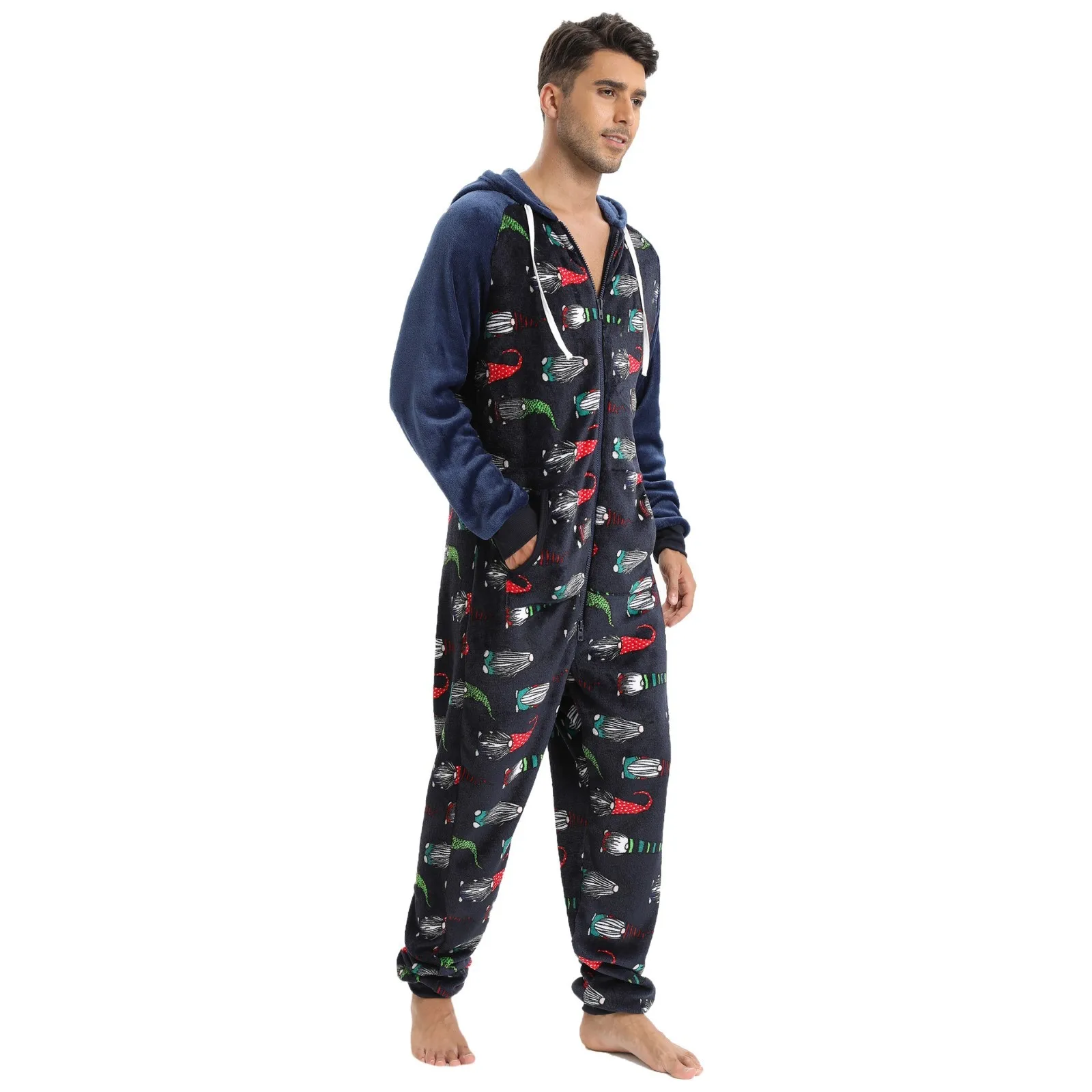 Autumn Winter Warm Men\'s Pajama Set Hoodies Overalls Men Halloween Print Onesies Zipper Jumpsuit Long Sleeve Male Clothes