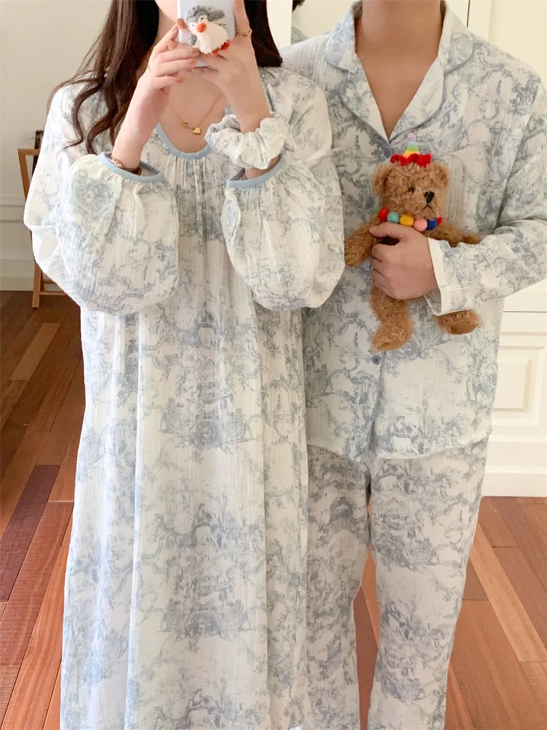 カップル綿パジャマ長袖-v-ネック花柄パジャマ快適で通気性のあるホーム服春秋用