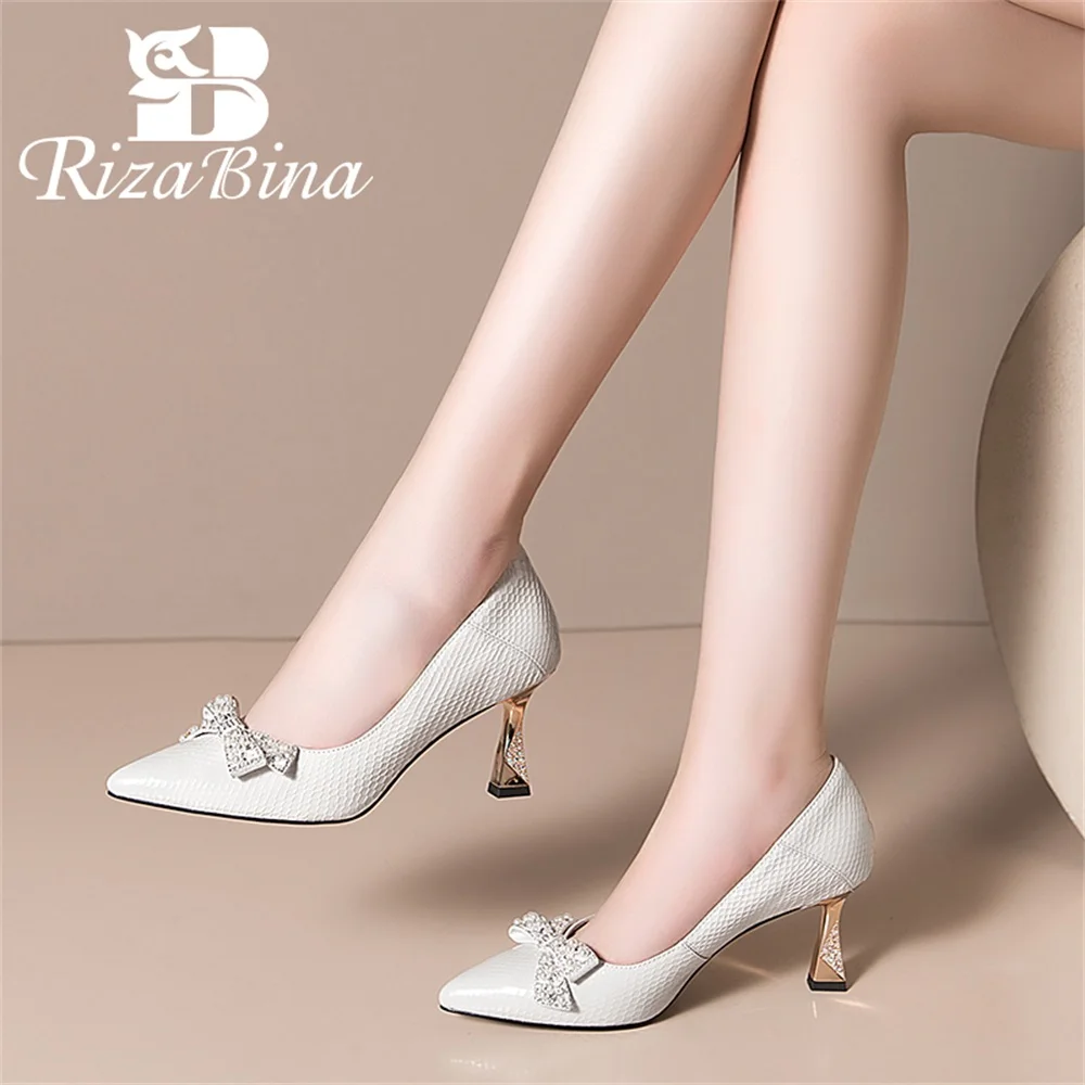 

RIZABINA Women Pointed Toe Pumps Genuine Leather Slip On Shoes Shiny Bow Thin High Heel Wedding Bride Lady Shoes Sexy Stiletto