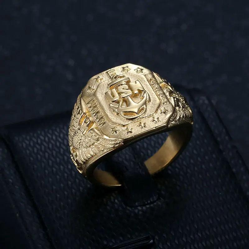 Hip Hop Bling Gold Color Stainless Steel US Navy USN Eagle Anchor Ring chunky Men Signet Rings for Men Jewelry Plus Size 8-15