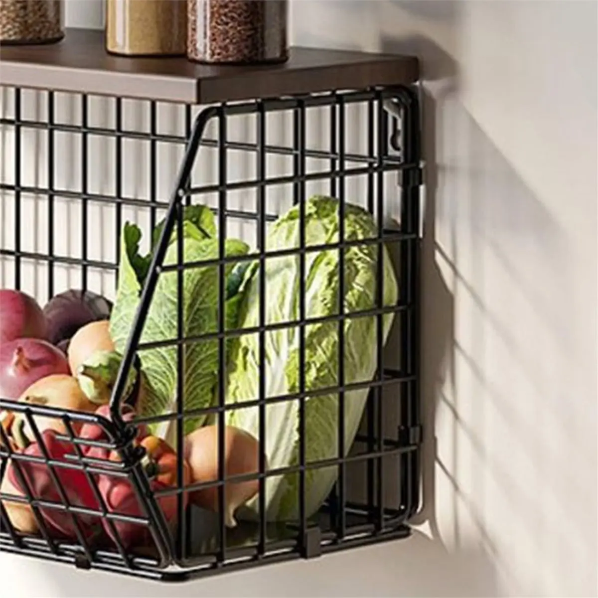 

Промышленные инструменты для кухни: Подвесные проволочные корзины для фруктов с деревянными крышками, для хранения овощей, фруктов и закусок на столешнице