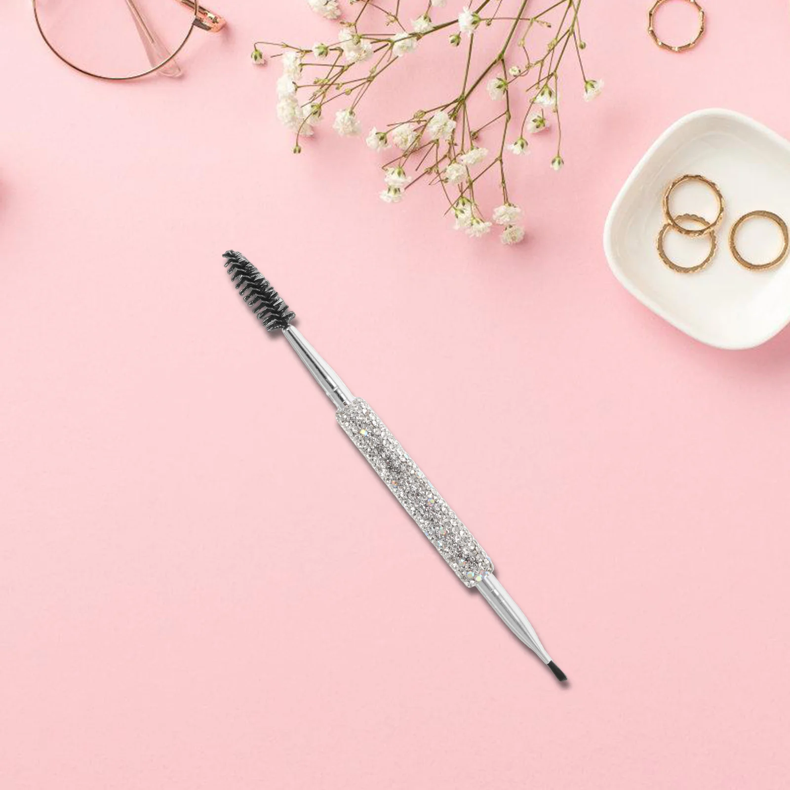 

Dual Ended Eyebrow Brush with Rhinestone Detail Angled Flat and Spiral Lash Comb for Precise Shaping Grooming Multi Function