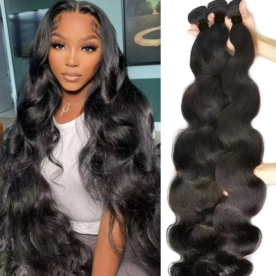FASHOW Body Wave Human Hair Bundles Indian Hair Weaving Body Wave Hair Bundles Bouncy Sew-in Hair Weaves Remy Hair Extensions