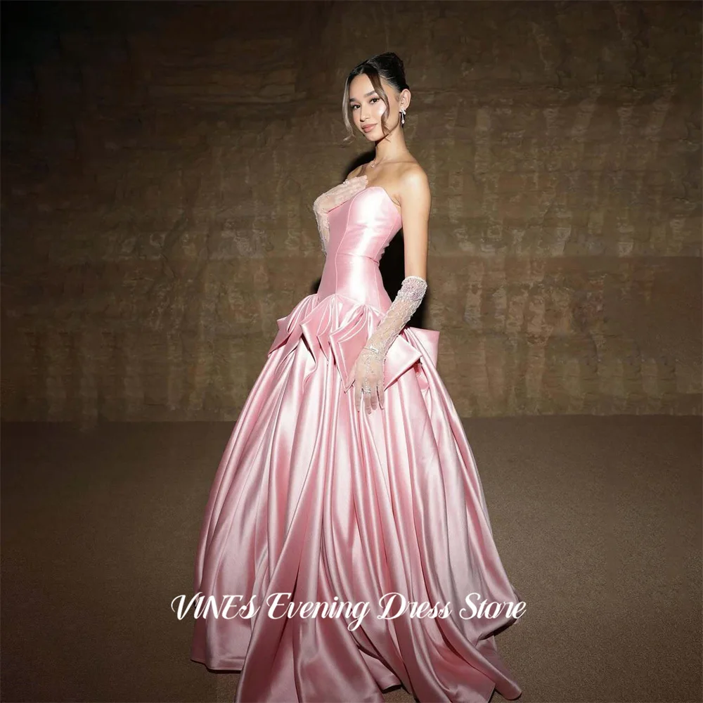 

VINES Pink Princess Prom Dresses Strapless Celebrity Dress with Pleated Evening Dresses A Line Satin Formal Gown Customized