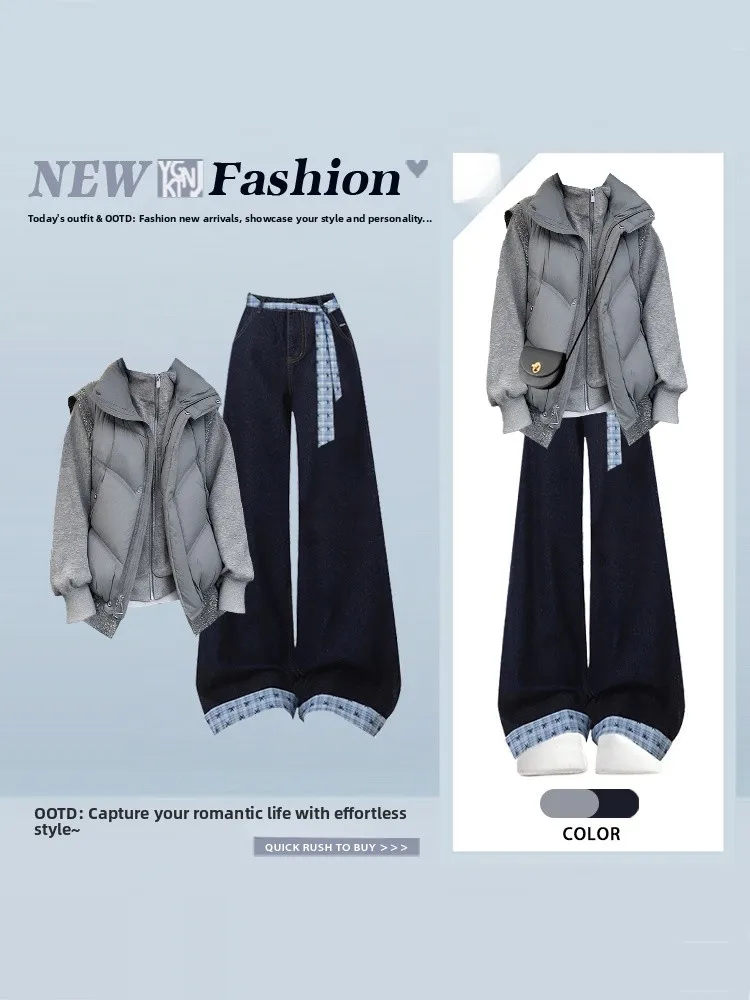 Gilet di cotone caldo Felpa Pantaloni a gamba larga Set Donna Allentato Agel T-shirt casual Pezzo Inverno Faion Ensemble Vita alta Trou...