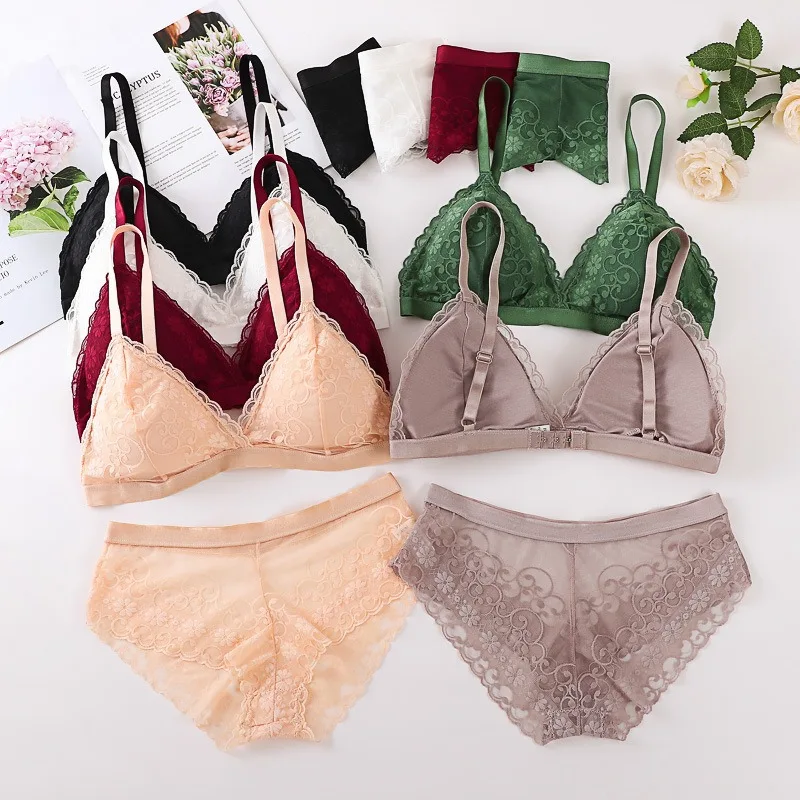 Women Bra Set Deep V Lace Bra and Panties Set Vneck Embroidery Bralette Seamless Underwear Female Intimates Sexy Lingerie Set