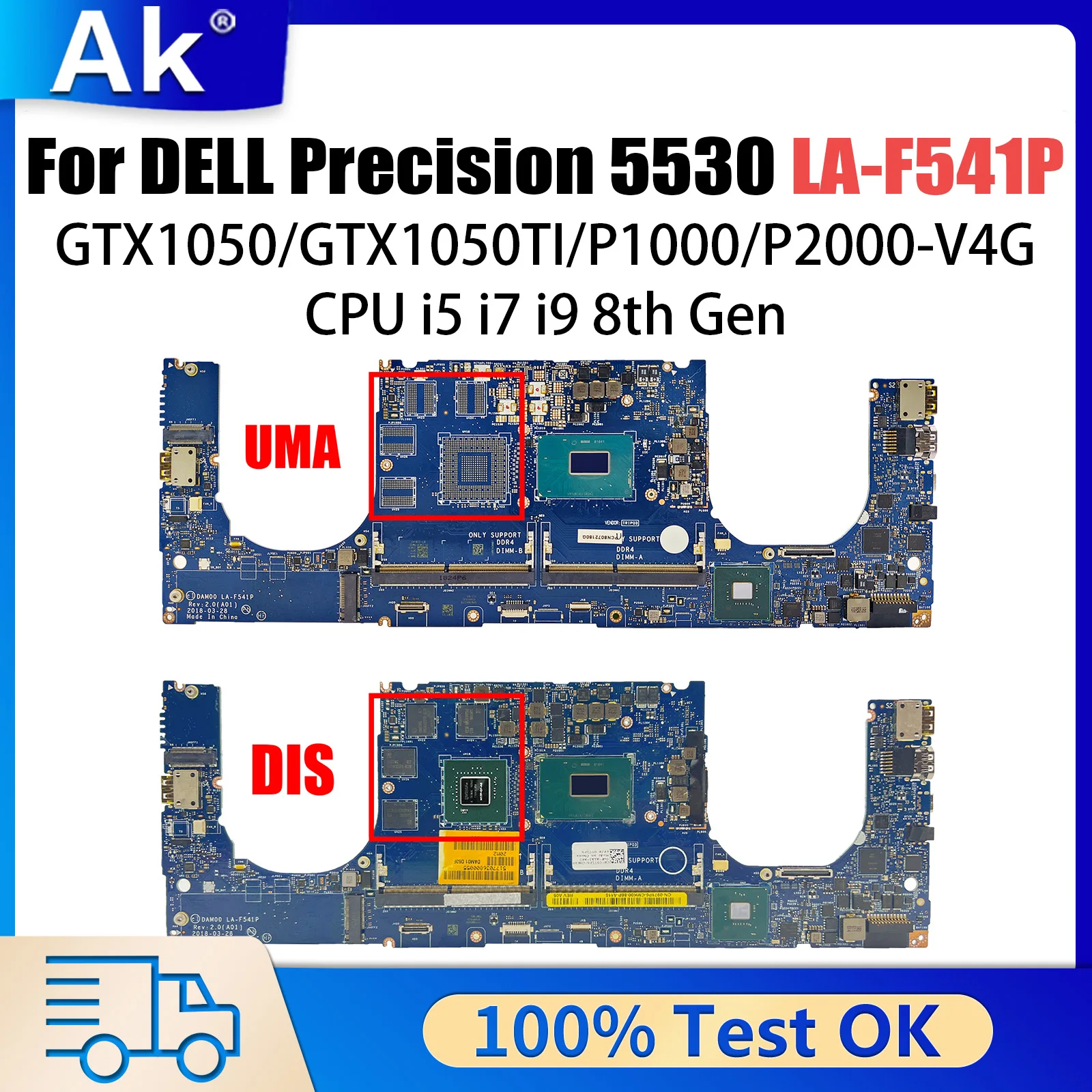 

For Dell Precision 5530/XPS 15 9570 laptop motherboard LA-F541P with I5 I7 I9 CPU GTX1050/GTX1050TI/P1000/P2000 100% Tested