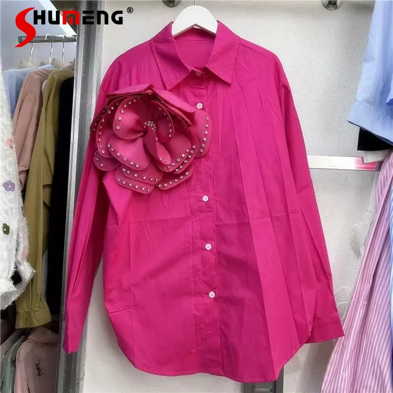 

2026 Spring New Fashion High Street Floral Design Shirts Loose Comfort Solid Color Shirts Women Trendy Light Luxury Beaded Tops