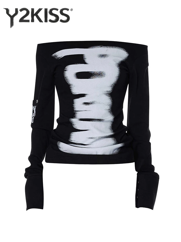 

Women's Slash Neck Top Goth Dark Academia Japanese Y2k Long Sleeve Design T-Shirts Korean Fashion Tees 2000s High Street Tide