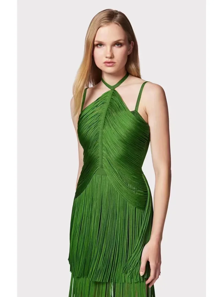 Sexy Backless Tassel Green Ankle Length Bodycon Bandage Club Party Outfit Dresses For Women 2024 Luxury Brand High Quality