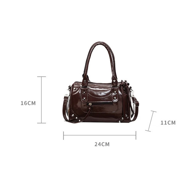 Modische Nieten-Handtasche mit großem Fassungsvermögen, europäische und amerikanische Bowling-Motorrad-Handtasche, Umhängetasche für Damen – Detail 18
