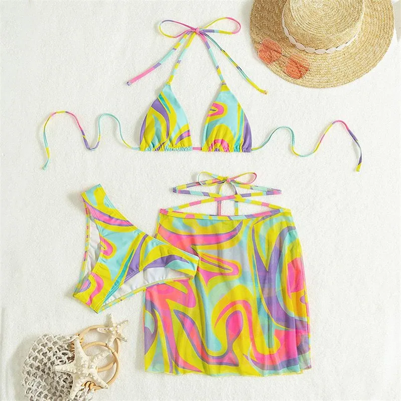 Hot Lady Sexy Print 3 Piece High Waist Skirt Bikini Set Swimwear Women 2024 Strapped Push UP Swimsuit Cool Rainbow Bathing Suit