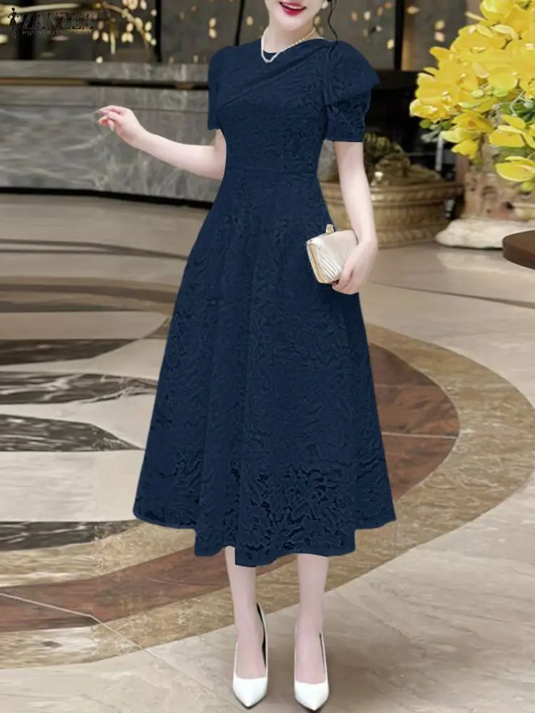 Zanzea feminino elegante em camadas rendas midi vestidos moda o-pescoço manga curta cabido cintura vestido de convidado de casamento roupas femininas S-3XL