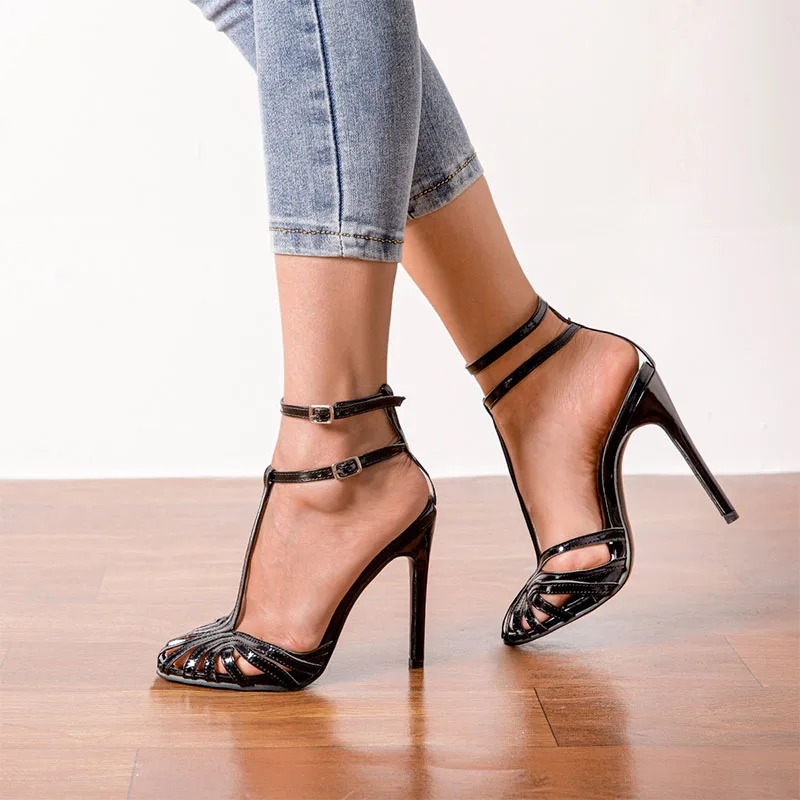 High Heels Women Sandals 2023 Summer Black Stilettos Ankle Buckle Strap Ladies Casual Pumps  PU Sexy Sandalias Comodas De Mujer