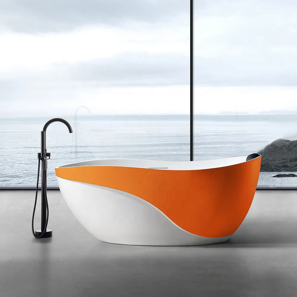 Modern Unique Design Oval Japanese Soaking Bathtub For Adults Indoor Bathroom SPA Bath Tub Artificial Stone Freestanding Bathtub