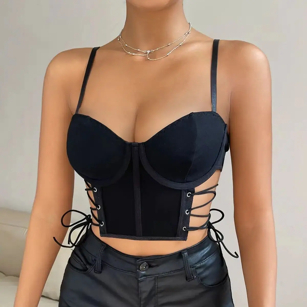 

Hollow Corset Crop Tops Women Summer Outfit Sexy Sleeveless Halter Bustier Lace-up Waist Tank Top Slim Lingerie Camis Streetwear