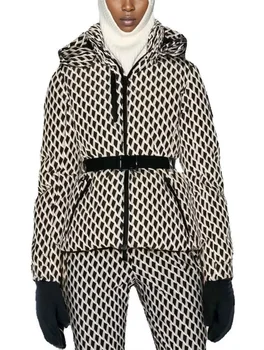 Women's Winter Hooded High Waist Padded Sport Parkas Coats with Belt Female Elegant Thick Warm Pockets Windproof Skiing Jackets