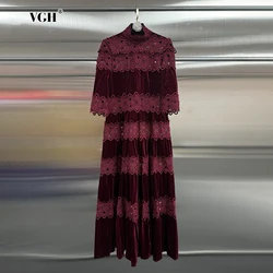 VGH Hit Color Embroidery Long Dresses For Women Turtleneck Half Sleeve High Waist Spliced Lace Hollow Out Loose Dress Female New