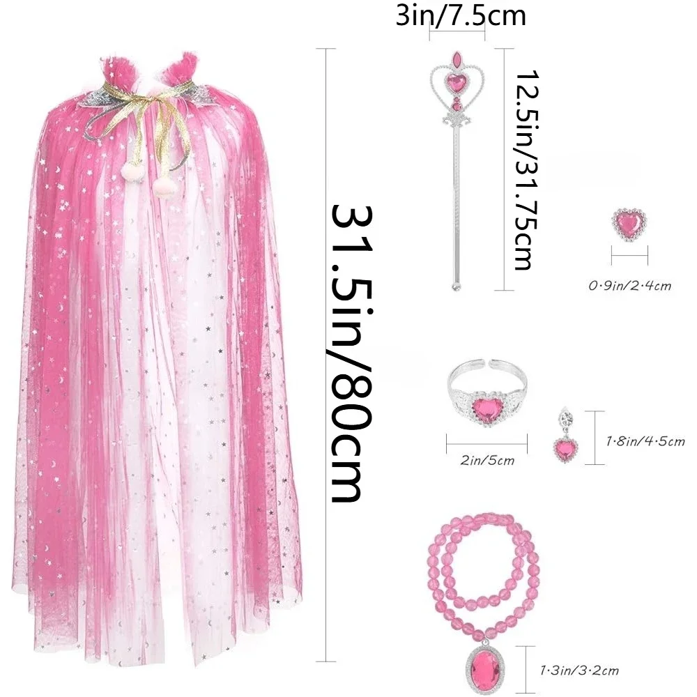 女の子のためのプリンセスドレスアップ服、プリンセスケープおもちゃ、クラウン、指輪、ネックレス、ブレスレット、杖、イヤークリップ付き、誕生日プレゼント