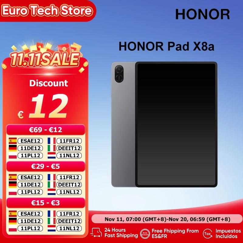تابلت HONOR Pad X8a الإصدار العالمي للكمبيوتر اللوحي 4 جيجابايت 64 جيجابايت 11 بوصة 90 هرتز عرض 8300 مللي أمبير بطارية سنابدراجون 680 أندرويد 14 واي فاي حافظة معدنية