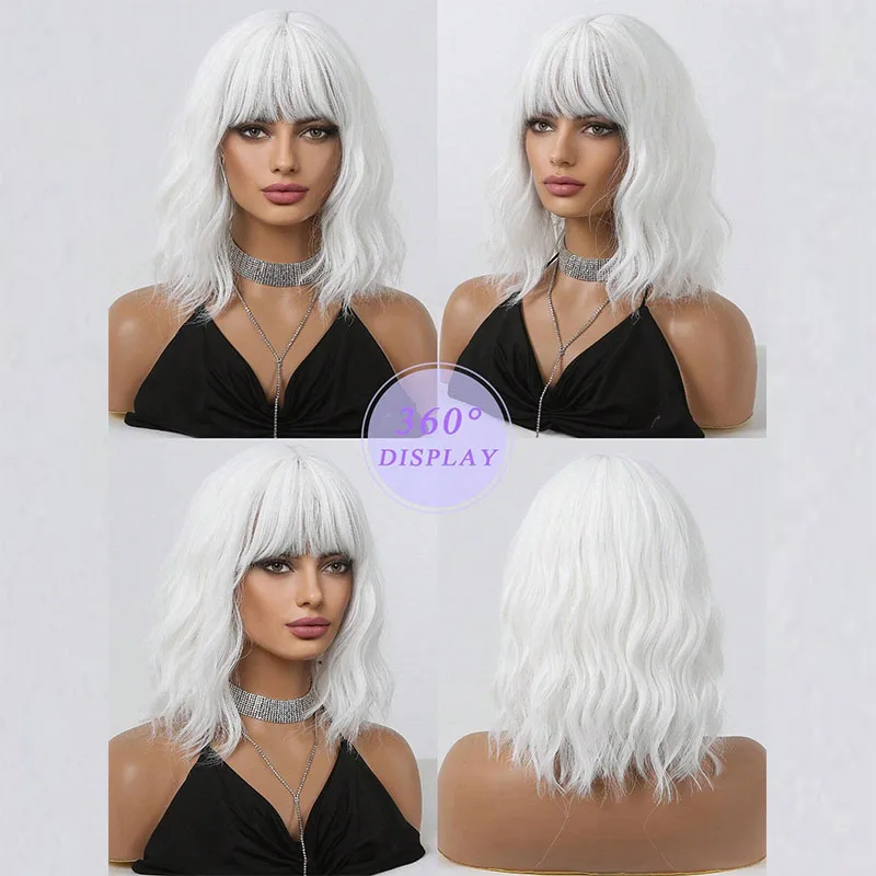 Curly Bob White Platinum Synthetic Wigs with Bangs for Women Short Cosplay Lolita Wavy Wig Natural Hair Heat Reisitant Daily Use