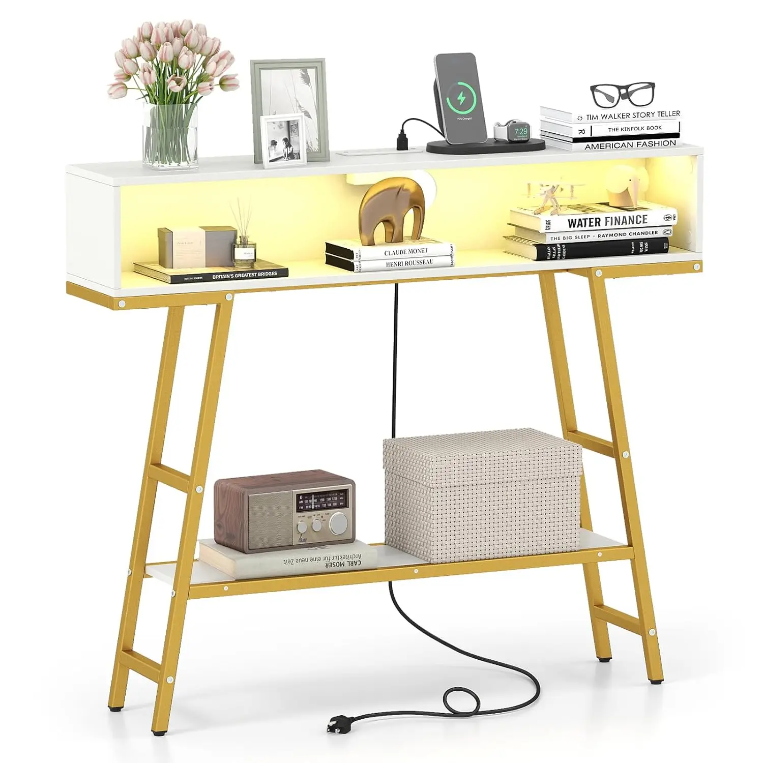 Modern Console Table with Charging Station & LED Lights, 40
