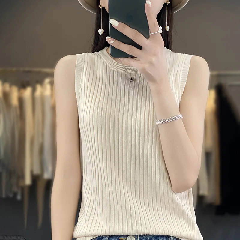 

2024 Summer New Suspended Tank Top Solid Women's Sleeveless Round Neck Slim Fit Underlay Knitted Shirt