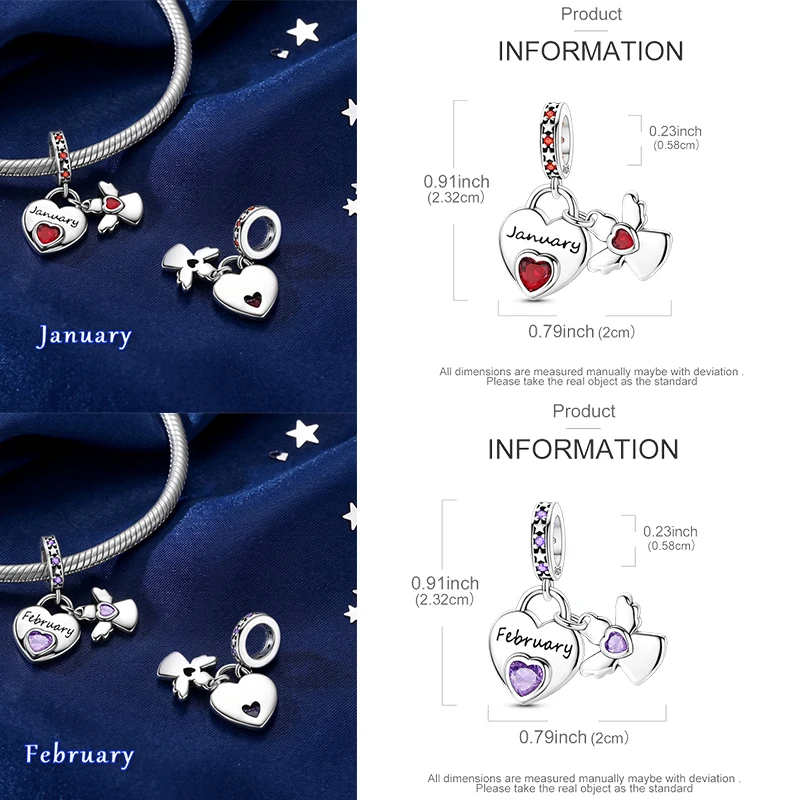925 Sterling Silber 12 Monate Geburtsstein Engel-Herz-Anhänger Besd Januar-Dezember DIY Armband Halskette Geburtstagsgeschenk für Frauen – Detail 1