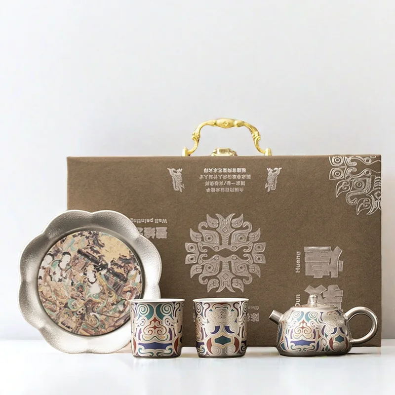 

Chinese Tea Set Dunhuang Porcelain Wrapped Silver Pot Handmade Gilt Silver Tea Set Gift Portable Ceramic Kung Fu Tea Set Gift Box