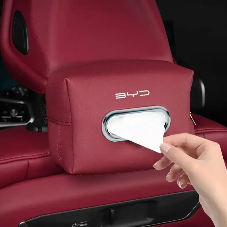 Car Hanging PU Leather Napkin Box For BYD Atto3 Seal Han Tang Dolphin Song Yuan BYD Logo Seat‑Back Tissue Holder Storage Pouch A