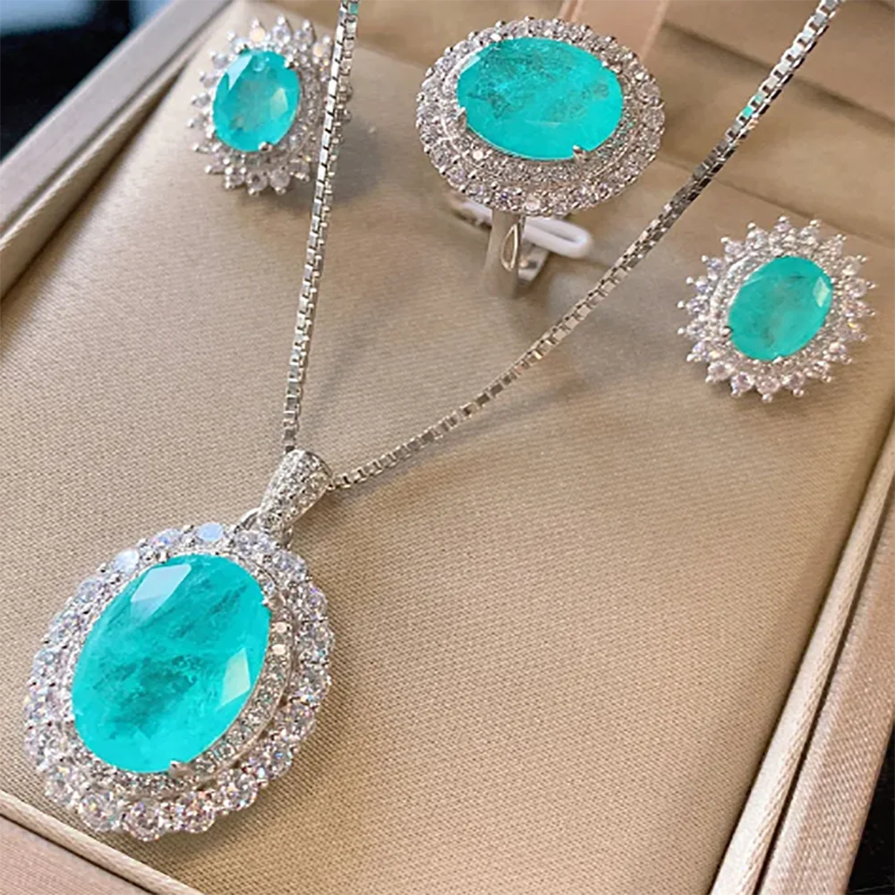 Vintage 100% Solid 925 Sterling Silver Paraiba Tourmaline Gesmtone Pendant/Necklace/Earrings/Ring Set