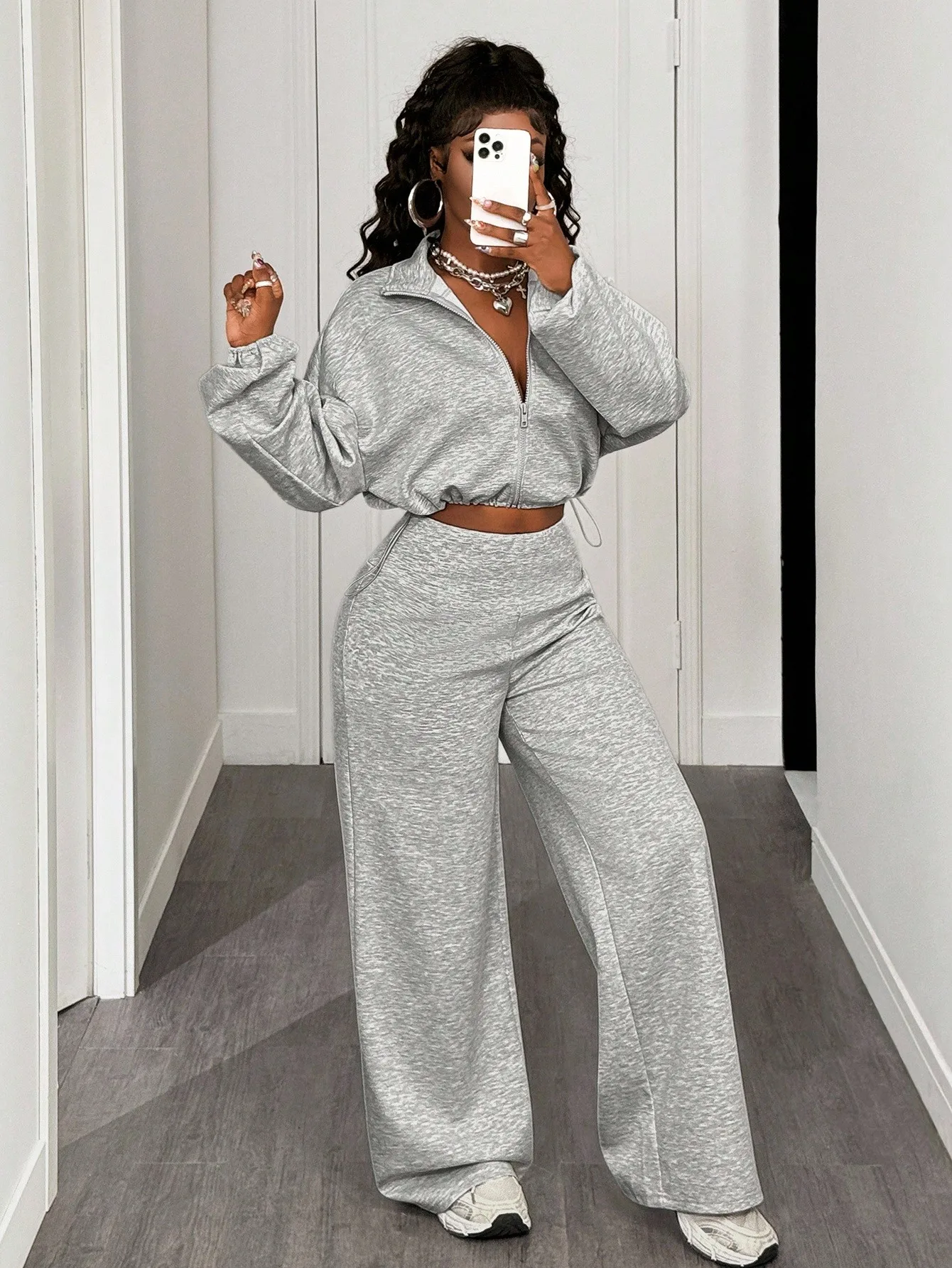 BamGleam Felpa con cappuccio corta da donna in tinta unita con spalle scoperte, manica lunga, zip frontale e pantaloni a gamba larga casual