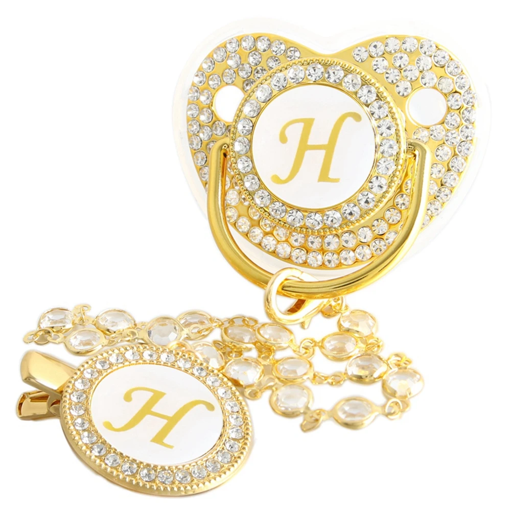 Goldener Baby-Schnuller mit 26 Anfangsbuchstaben und Diamantkettenclip – Detail 8