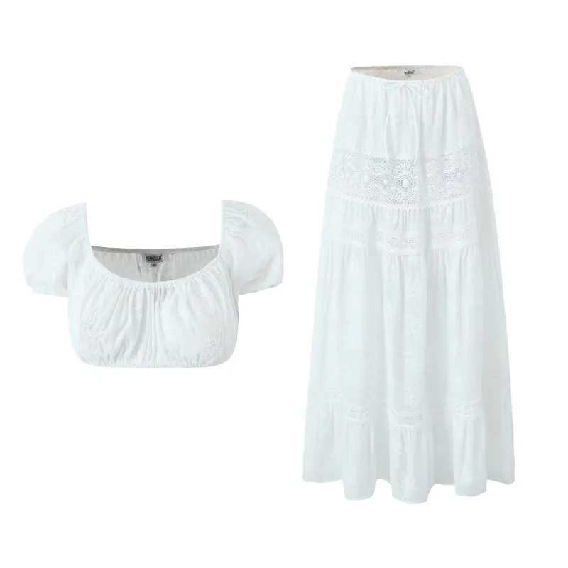 Лидер продаж, новый праздничный комплект из двух предметов с юбкой, французский кружевной короткий топ с лямкой на шее и высокой талией, комплект юбки с поясом, женское платье длиной до пола