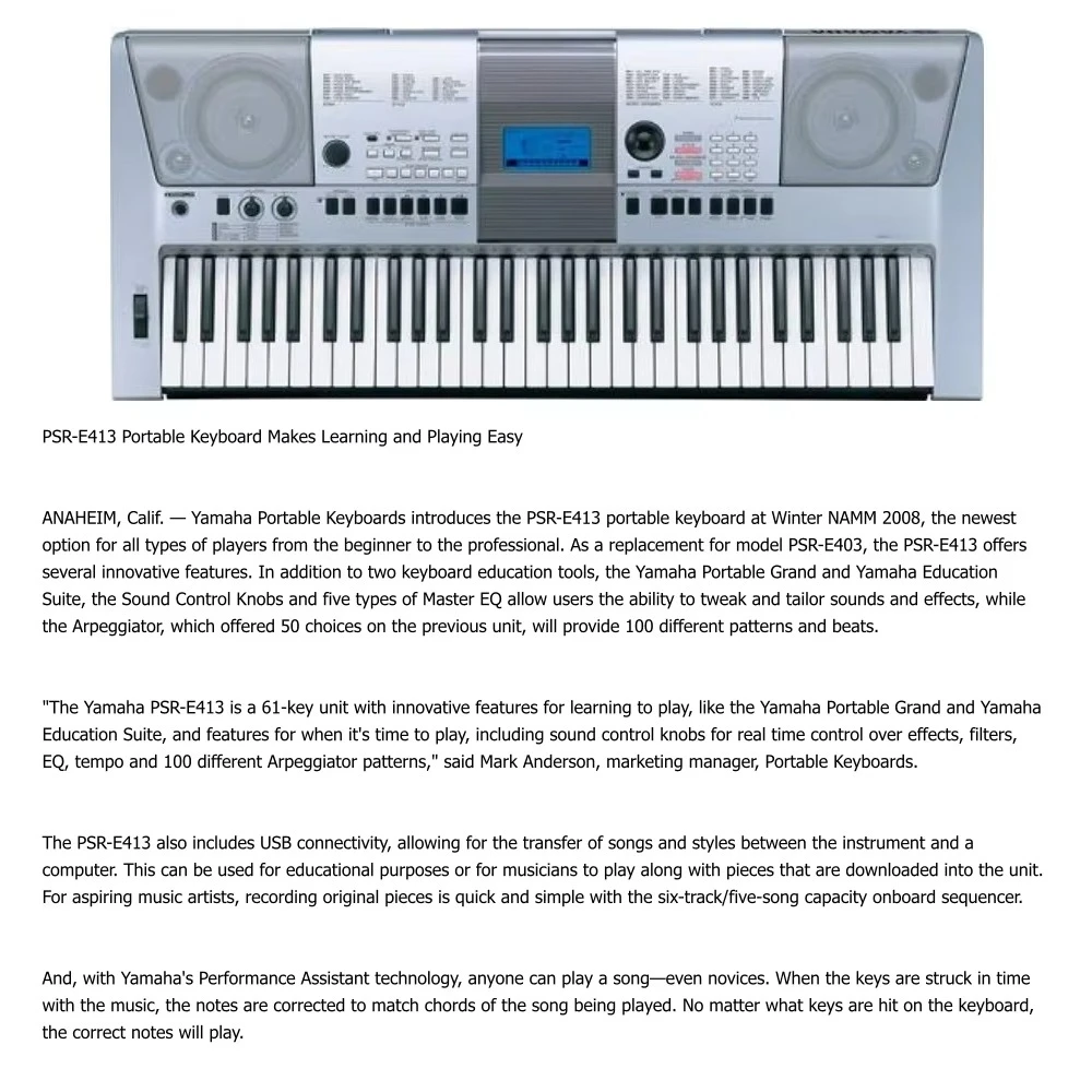 Jelo Second-Hand 90% NEW for Electronic Keyboard Piano PSR-E413 61 Key Portable Tested Working No Cord 12kg China