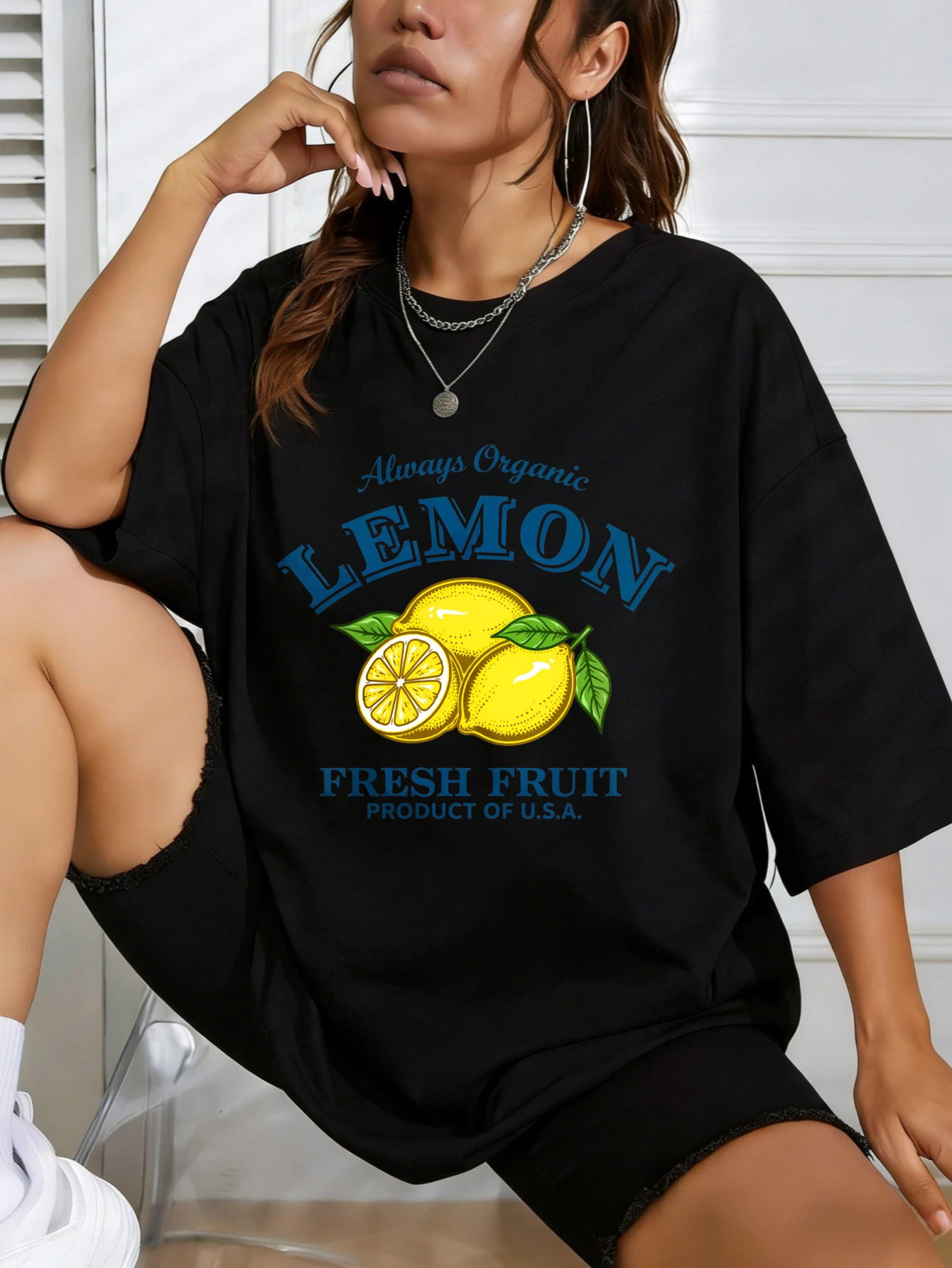 

Женская хлопковая футболка оверсайз с милым лимонным принтом, повседневная летняя футболка с коротким рукавом и графическим рисунком, подарок для нее