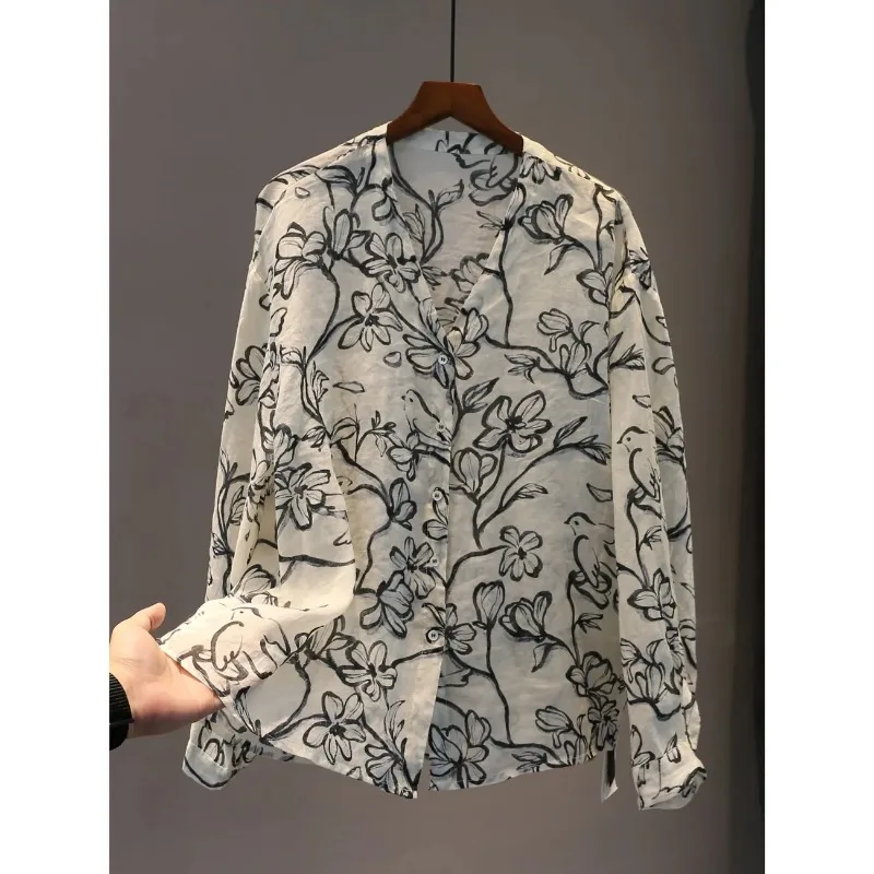 

Japanese Style Floral Print Linen Shirt Women Loose Fit V Neck Long Sleeve Casual Blouse